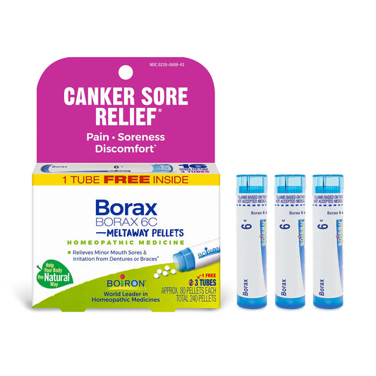 Bottle of Boiron Borax 6C homeopathic medicine for canker sore relief with meltaway pellets
