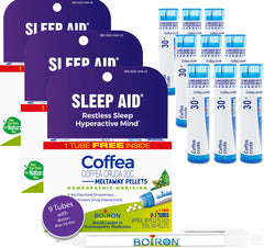 Boiron Coffea Cruda 30C blue tubes nine-tube set for a calming bedtime routine.