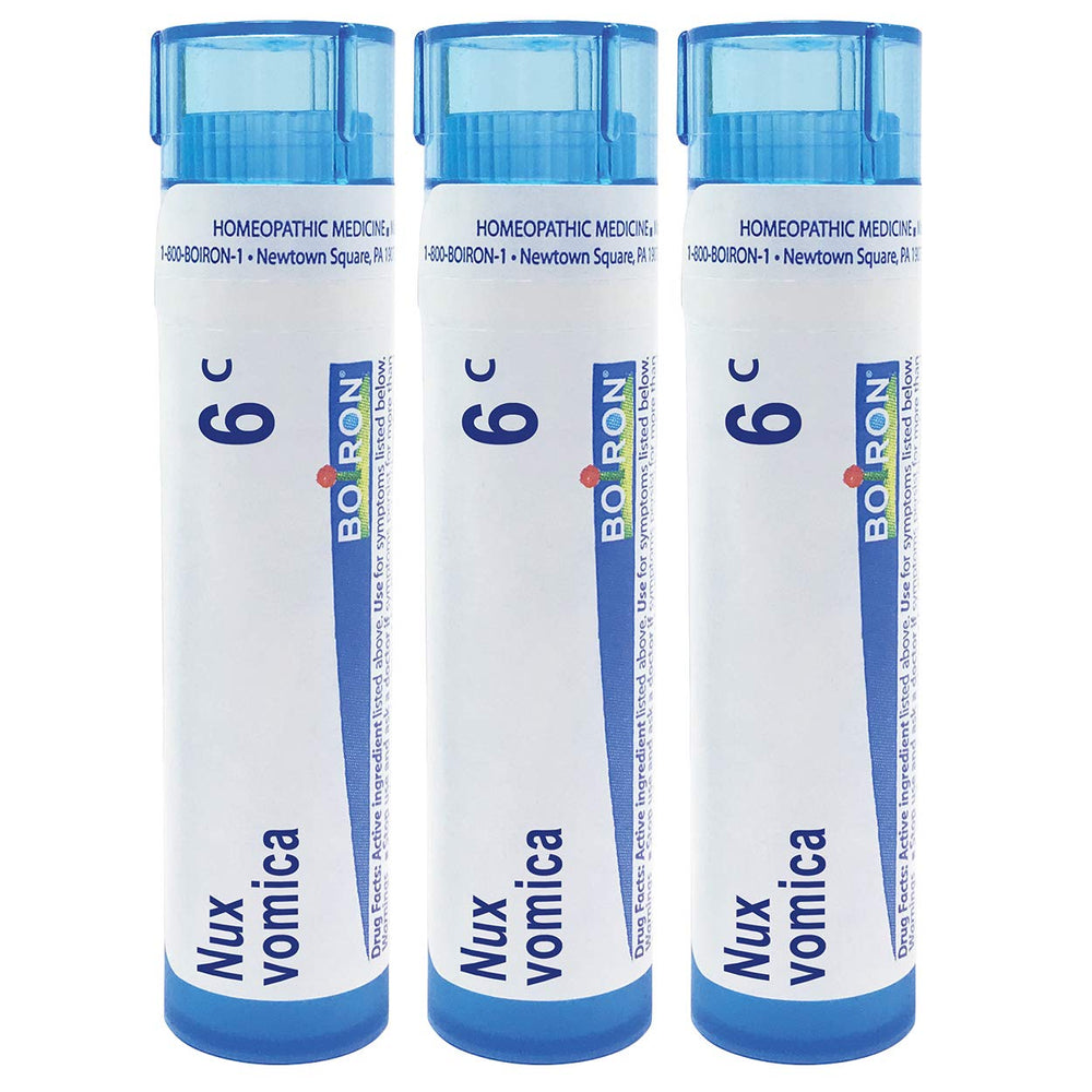 Front view of Boiron Nux Vomica 6C homeopathic remedy packaging with tube