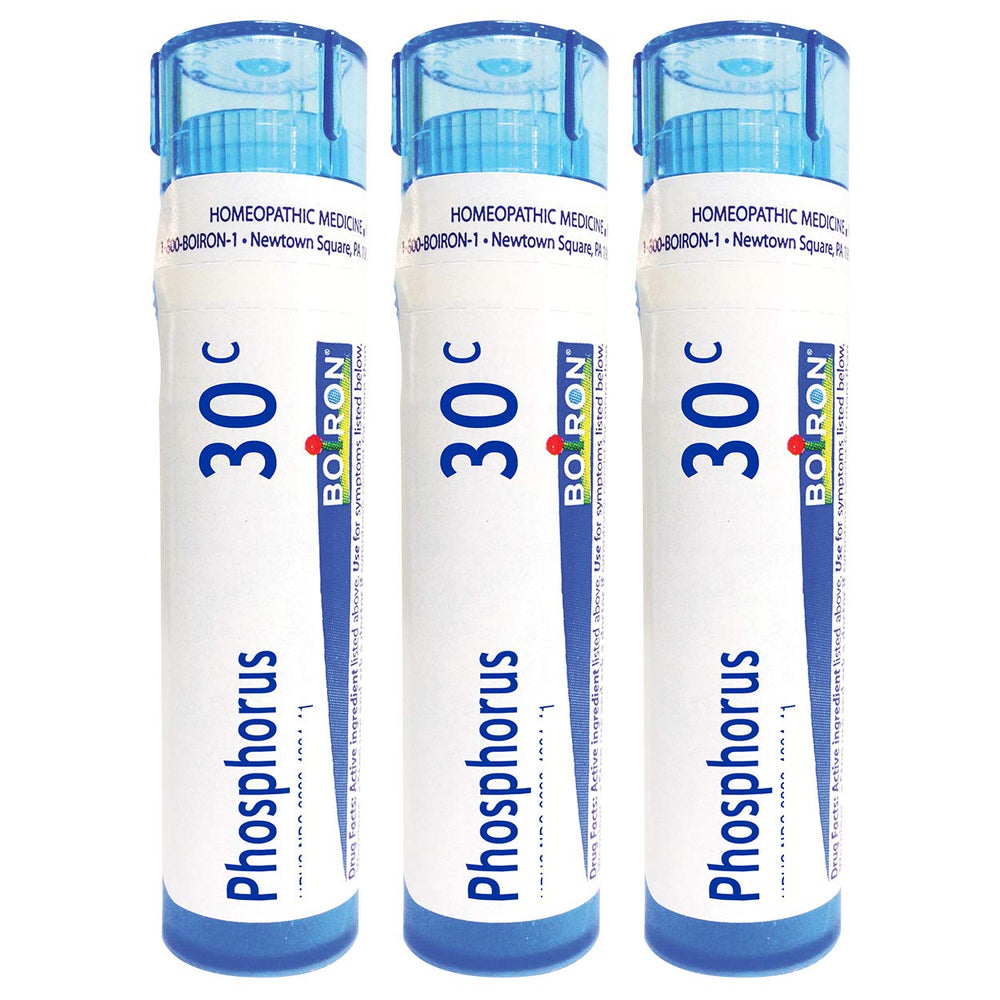 Front view of Boiron Phosphorus 30C packaging for dizziness and sleeplessness