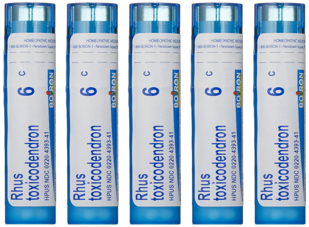 Boiron Rhus Toxicodendron 6C homeopathic remedy box with 5-pack of pellet tubes