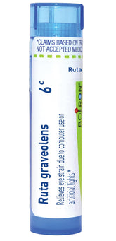 Boiron Ruta Graveolens 6C eye strain relief packaging and pellets in tube