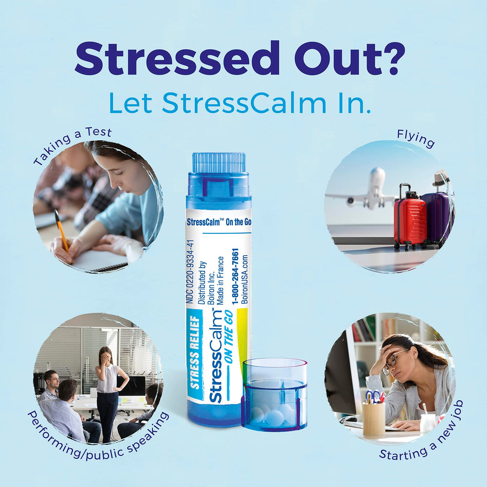 Lifestyle image showing Boiron StressCalm On The Go packaging