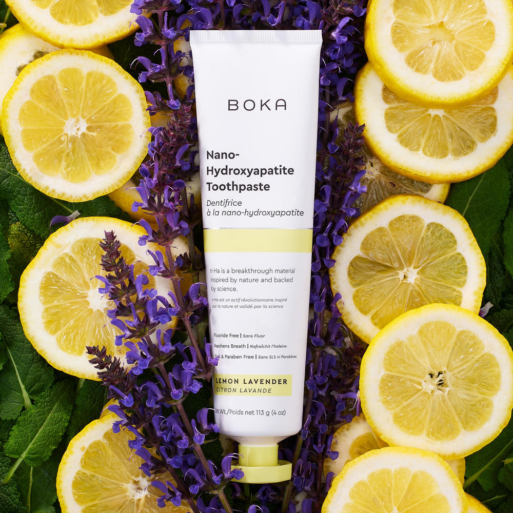 Close-up of toothpaste tube with lemon lavender flavor