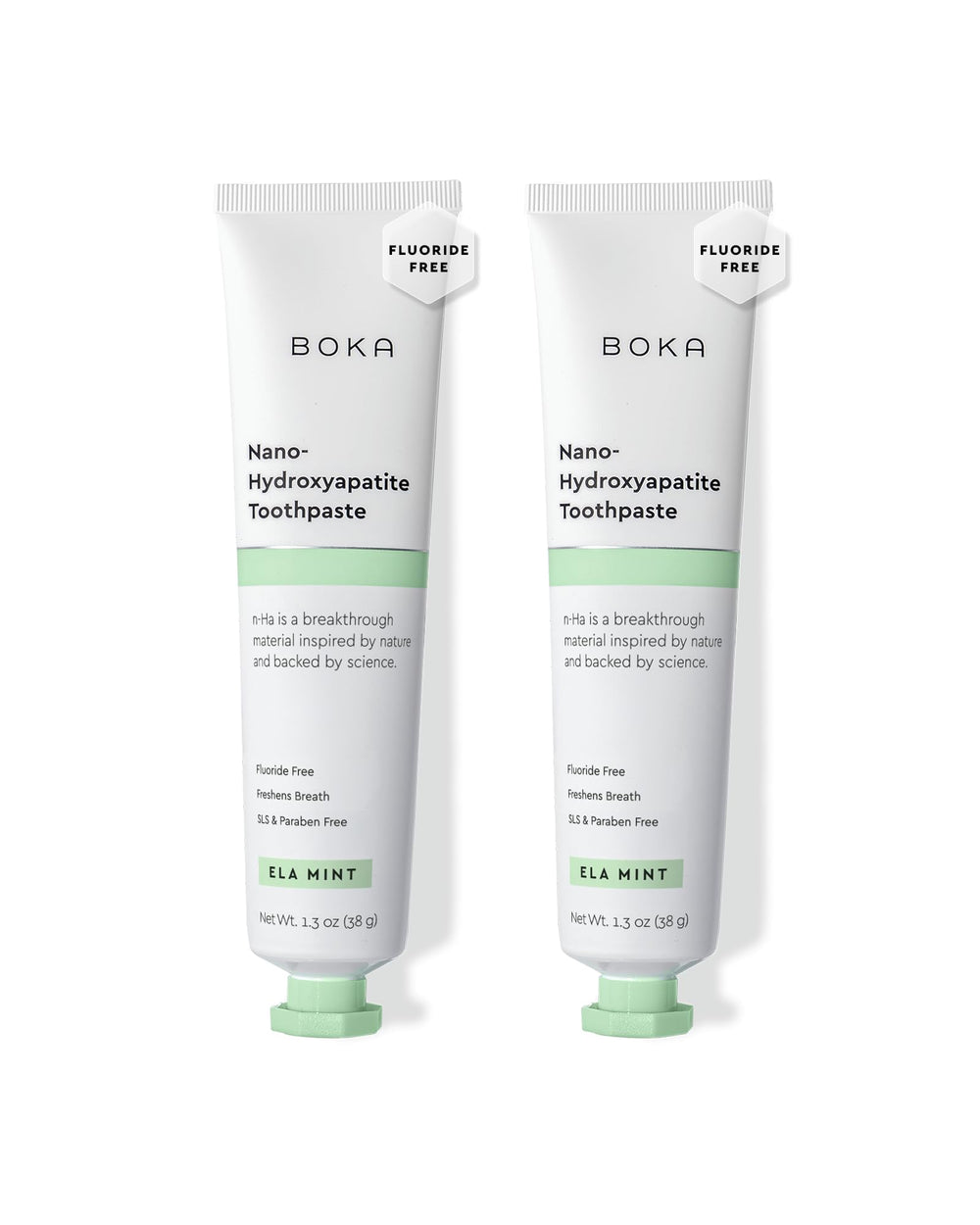 Boka fluoride-free toothpaste with Ela Mint flavor on a white background