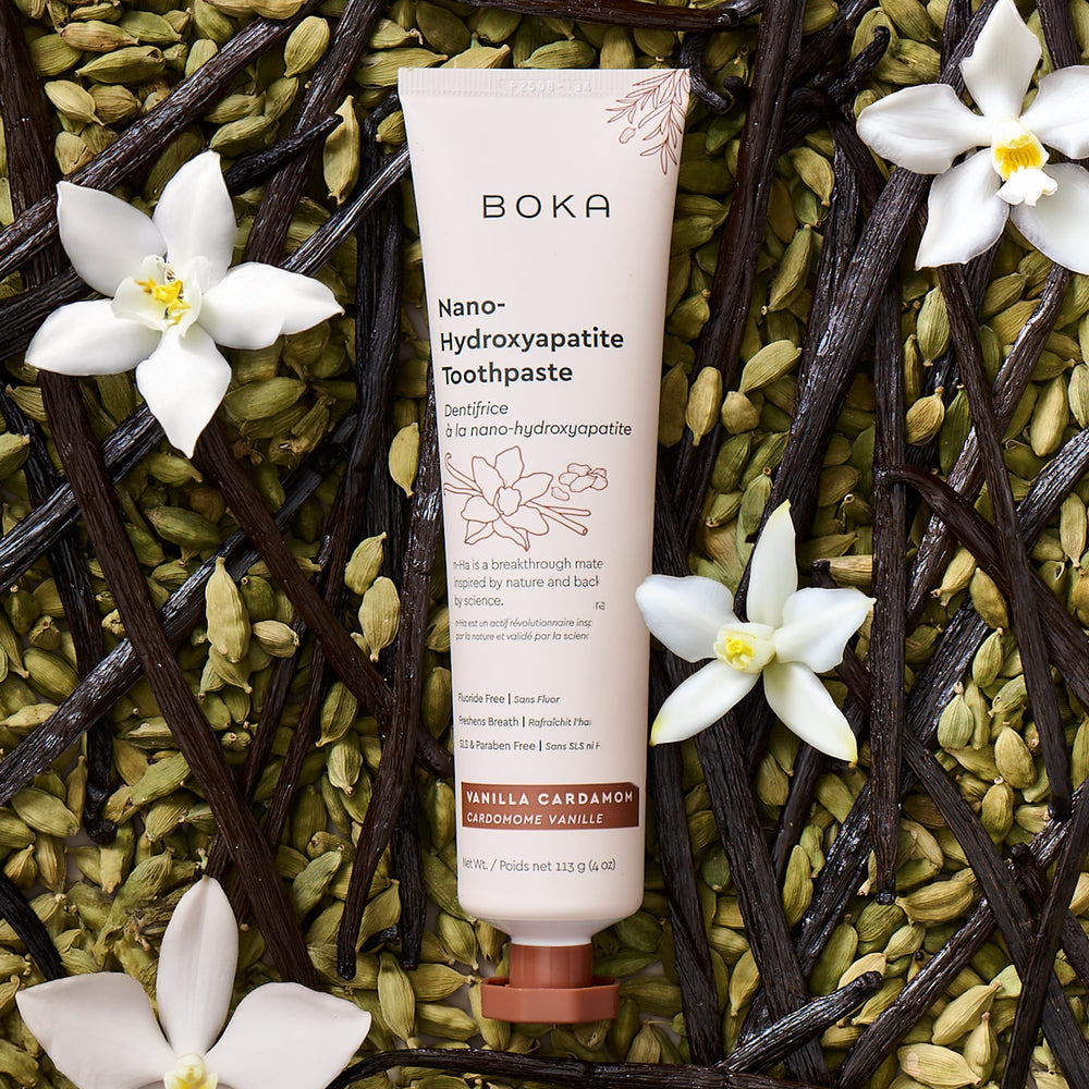 Packaging box and tube of Boka Vanilla Cardamom toothpaste