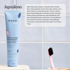 Child brushing teeth with Boka toothpaste in a playful bathroom scene