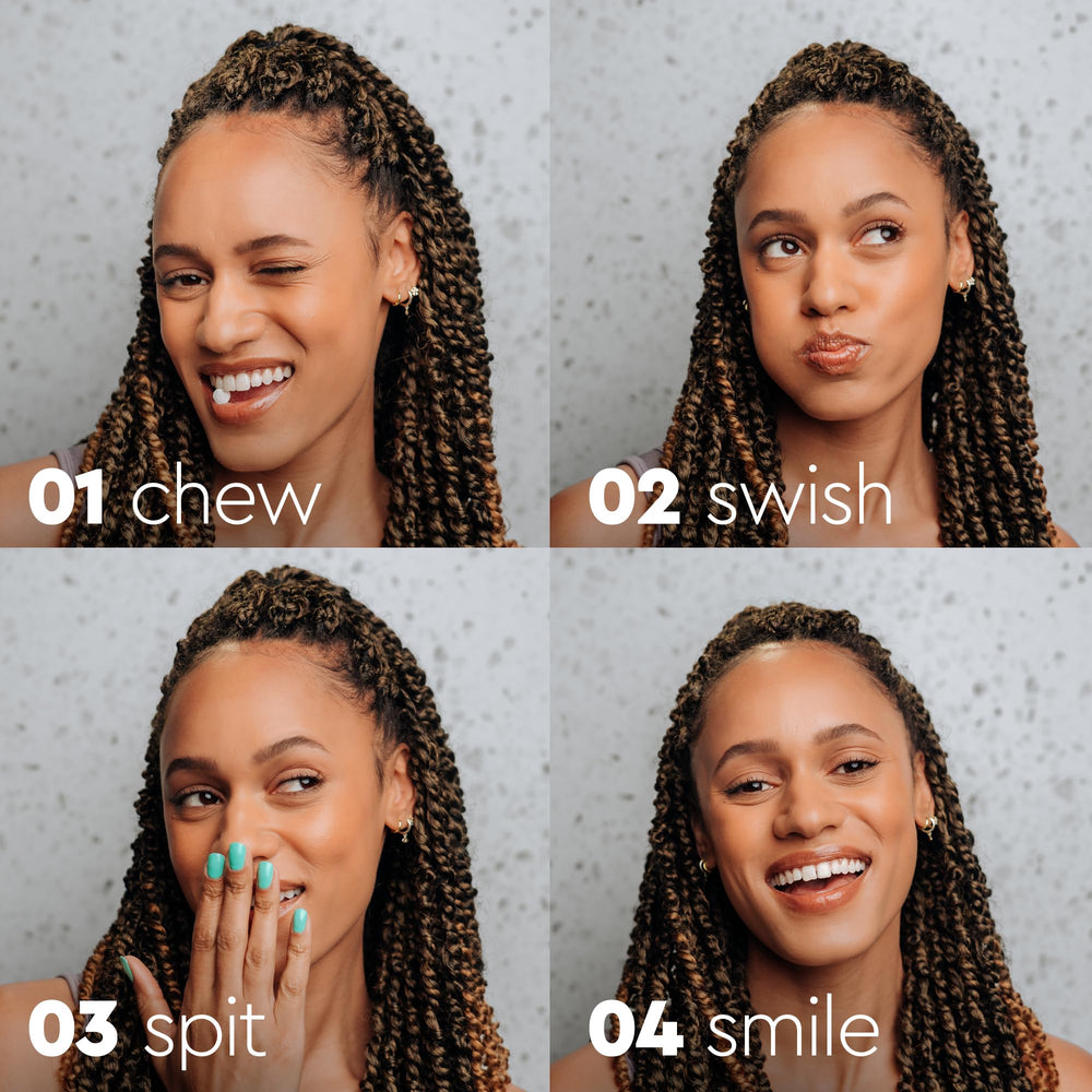 Usage steps: chew, swish, spit, smile