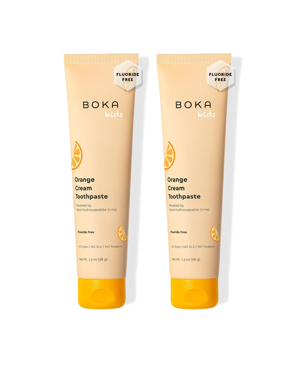 Boka Orange Cream fluoride-free toothpaste packaging and tube (1.3 oz) – 2 pack