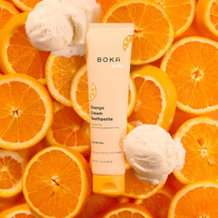 Close-up of Boka Orange Cream toothpaste tube showing 2-pack