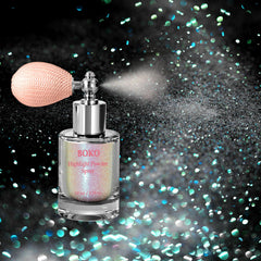 Boko Body Glitter Spray bottle displaying iridescent sparkle for festival makeup.