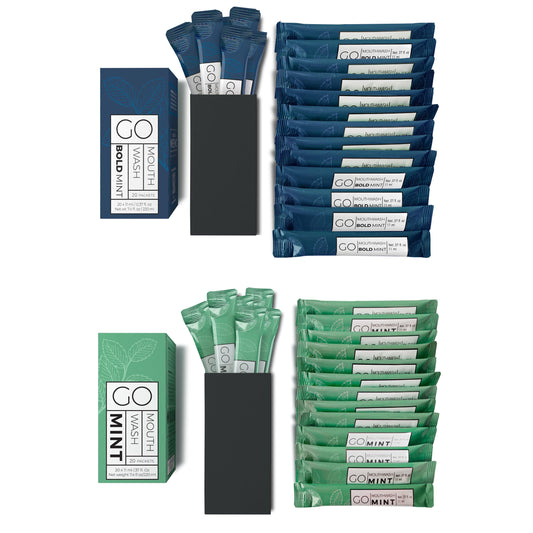 Bold Mint GO travel-size mouthwash packets front view showing 40-pack