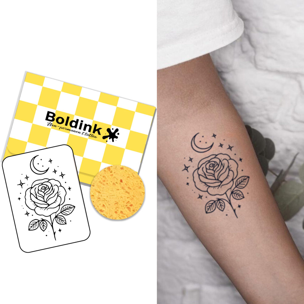 Boldink Moon and Flowers tattoo design for a chic, long-lasting look at events.