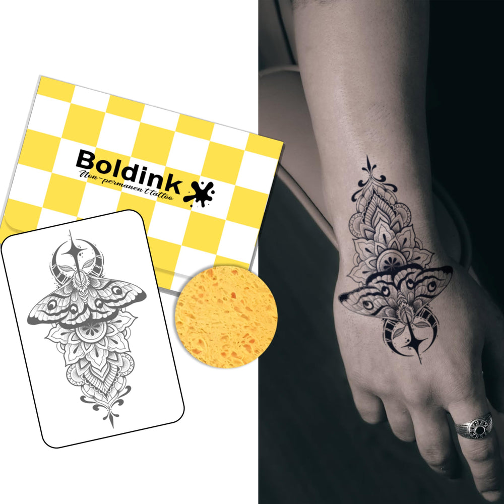 Boldink Moon Moth tattoo design on skin, waterproof and long lasting.