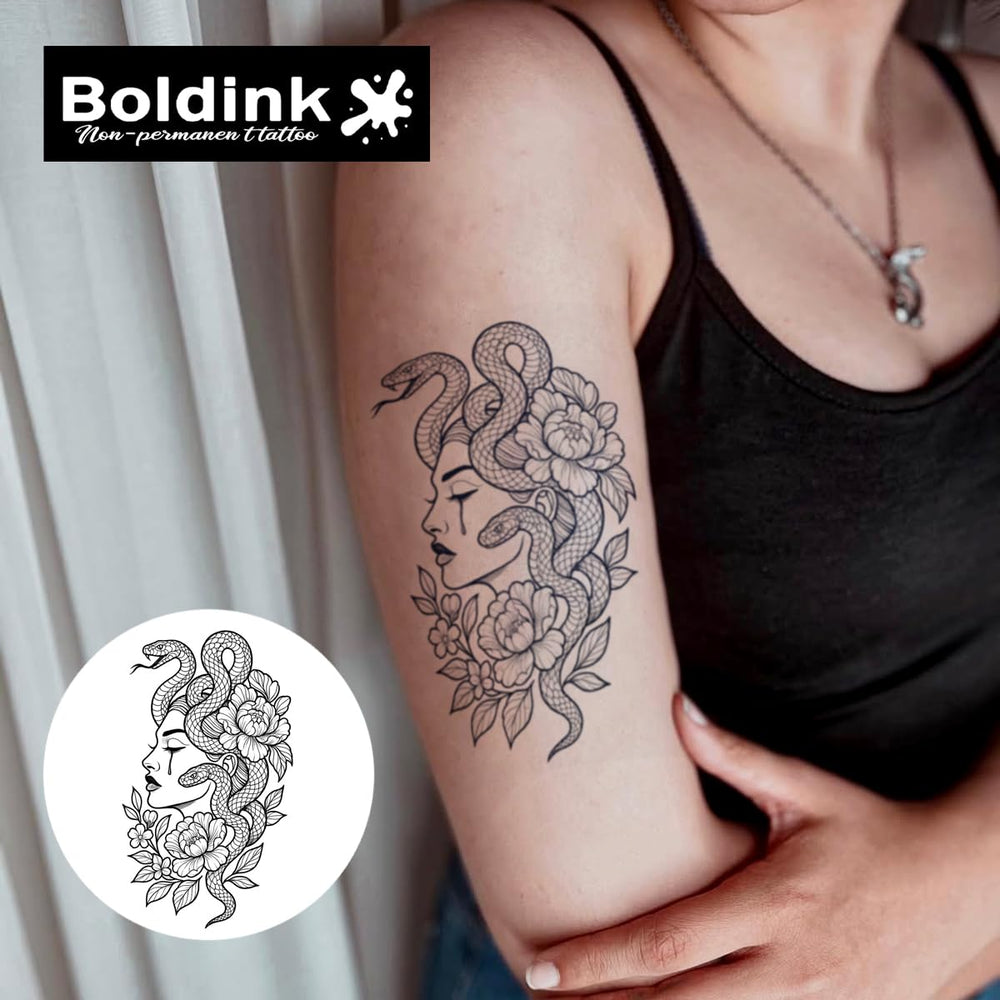 Boldink Weeping Woman with Snake tattoo close-up, matte anti-reflective finish.