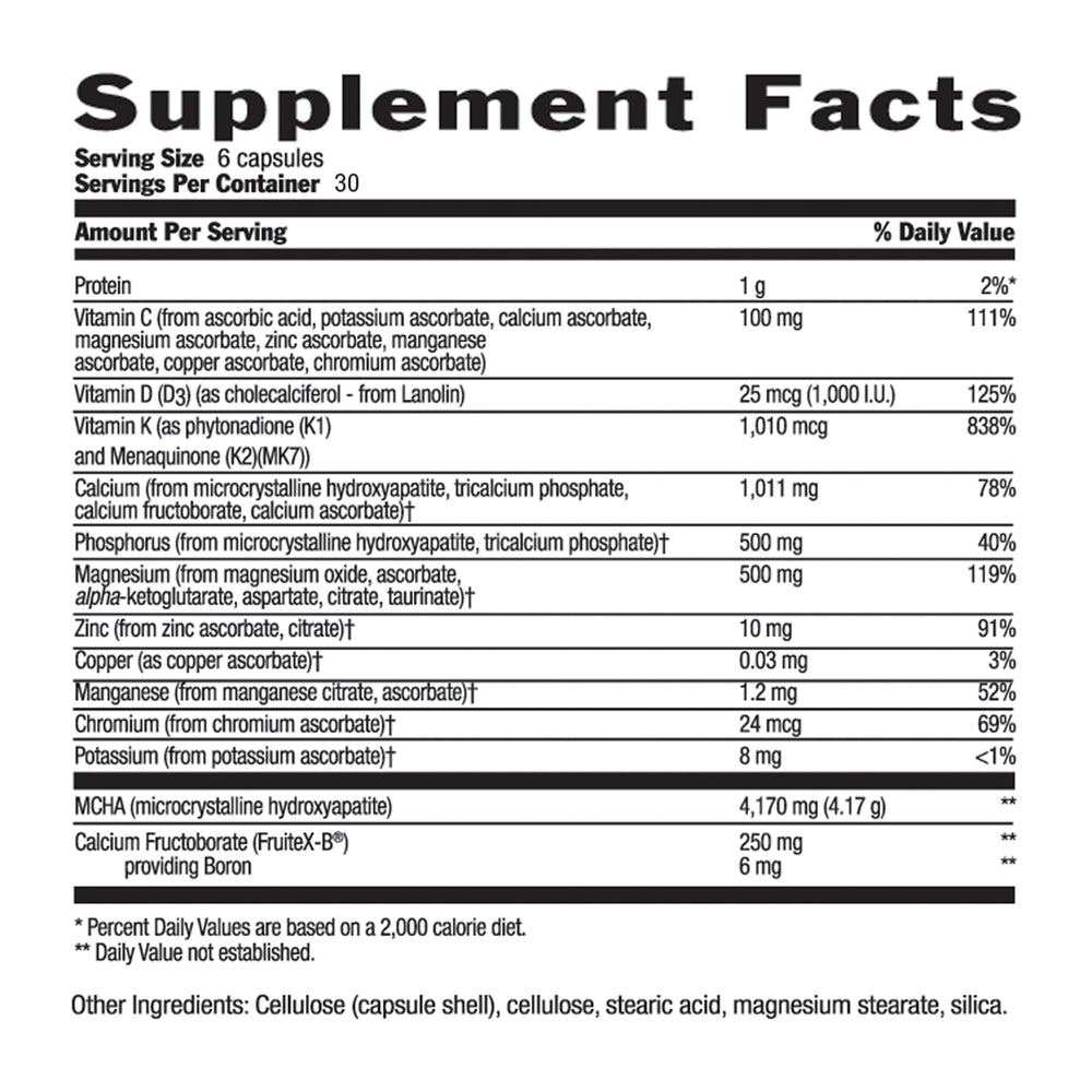 Bone Solid ingredients showing MCHA and minerals