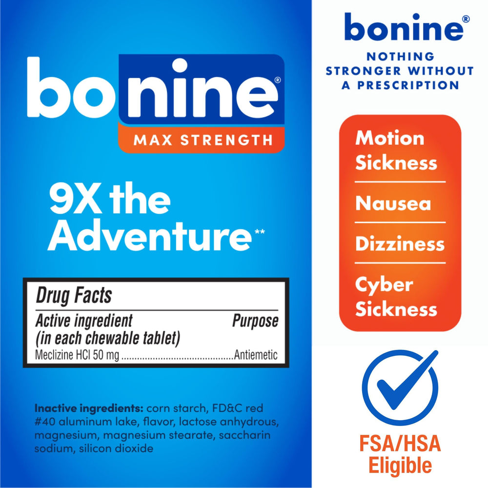 Bonine Max chewable closeup, mint flavor—easy relief on the go