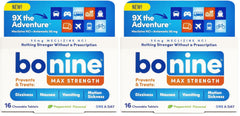 Bonine Max chewable peppermint tablets pack for portable motion relief during travel.