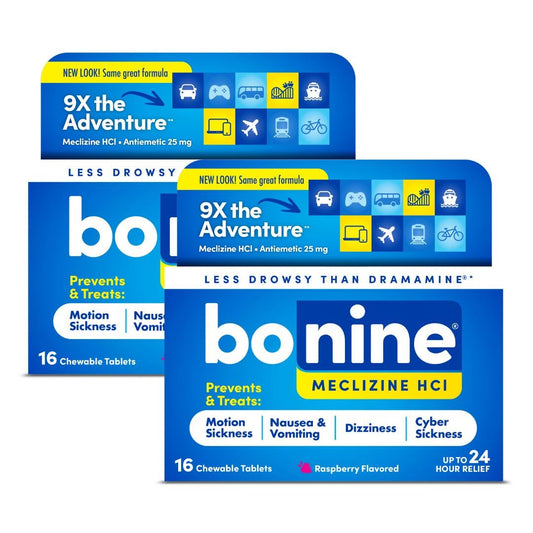 Bonine non-drowsy raspberry chewables bottle for 24-hour motion sickness relief