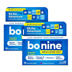 Bonine non-drowsy raspberry chewables bottle for 24-hour motion sickness relief