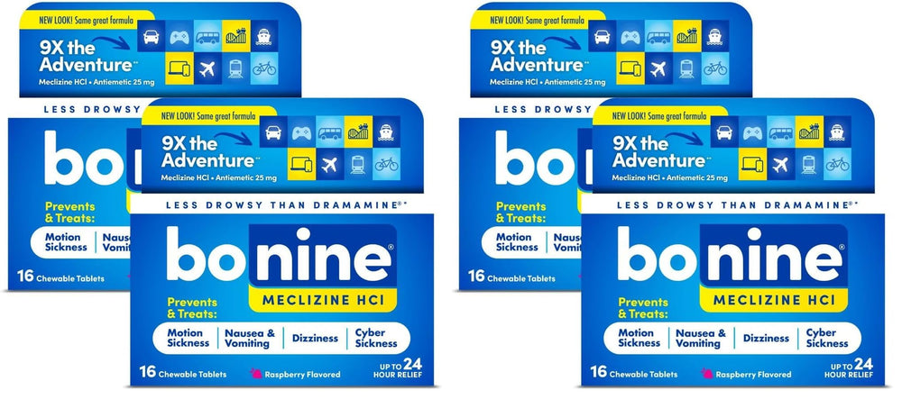 Bonine raspberry chewables pack shows convenient motion sickness relief on the go.