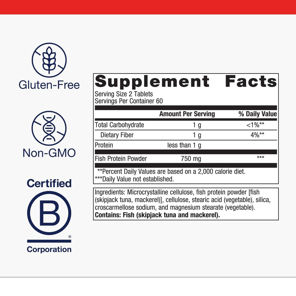 Label highlighting 750 mg bonito fish protein peptides per serving