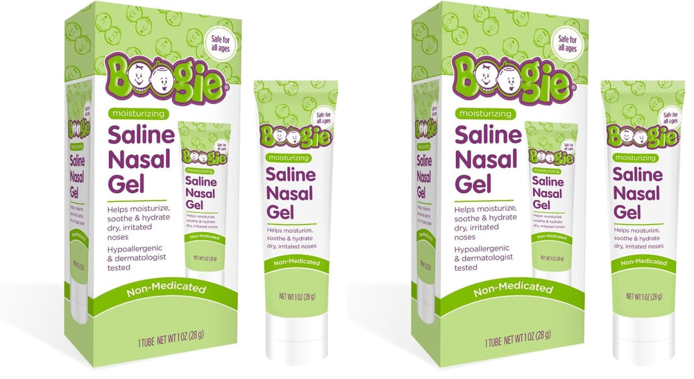 Boogie Saline Nasal Gel bottle top view showing soothing hydration for dry noses.
