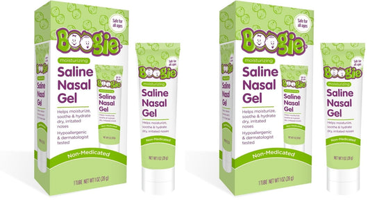 Boogie Saline Nasal Gel bottle top view showing soothing hydration for dry noses.