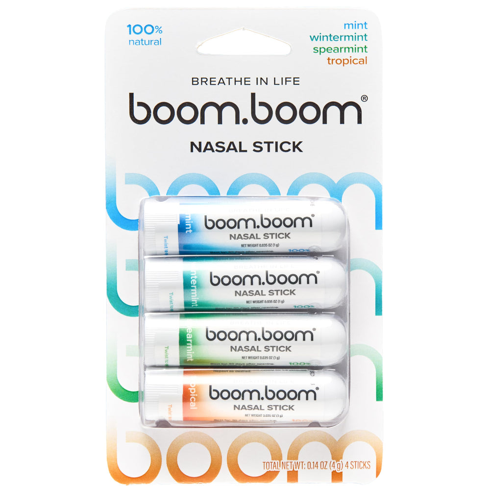 BoomBoom nasal stick pack shows four scents for on-the-go freshness