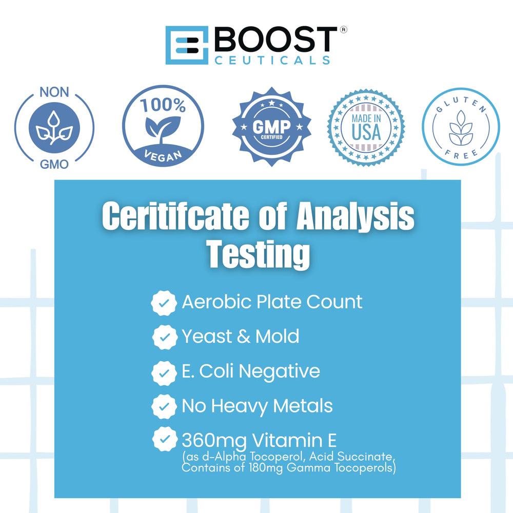 Close-up of BoostCeuticals vegan Vitamin E Gamma Tocopherol capsules