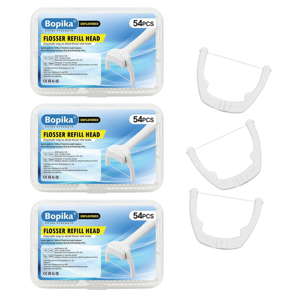 Bopika Flosser Refill Head Ultraclean packaging with 54-count box.