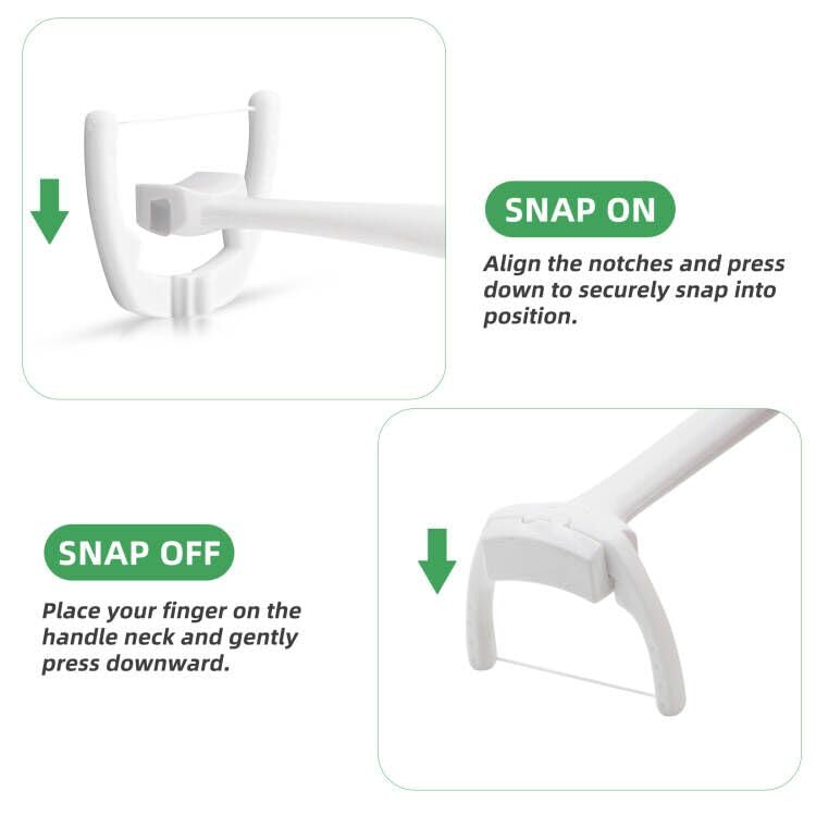 Snap-on refill head showing floss material for hard-to-reach areas