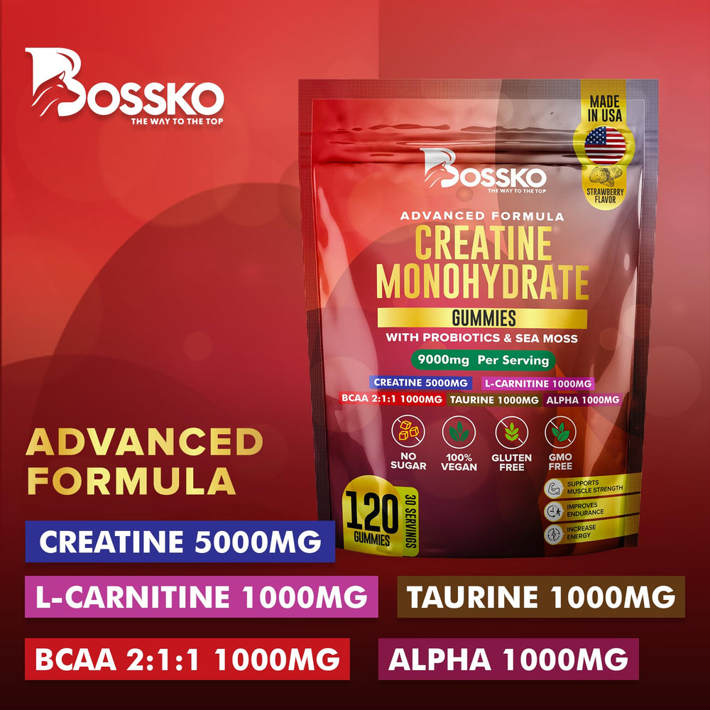 Nutrition information and ingredients on BOSSKO Creatine Gummies packaging