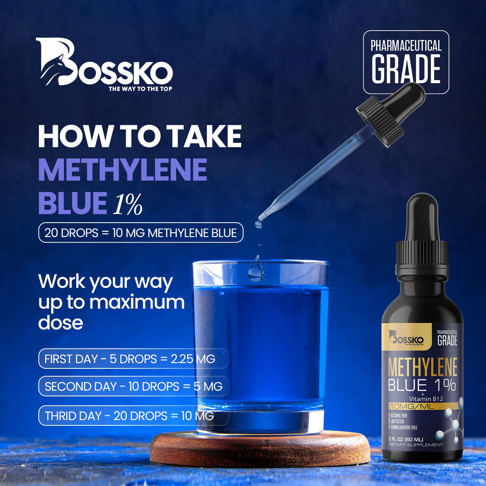 USA-made assurance and GMP branding on Bossko Methylene Blue