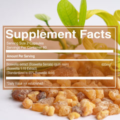 Boswellia Serrata 15:1 Extract bottle with label showing 65% boswellic acids
