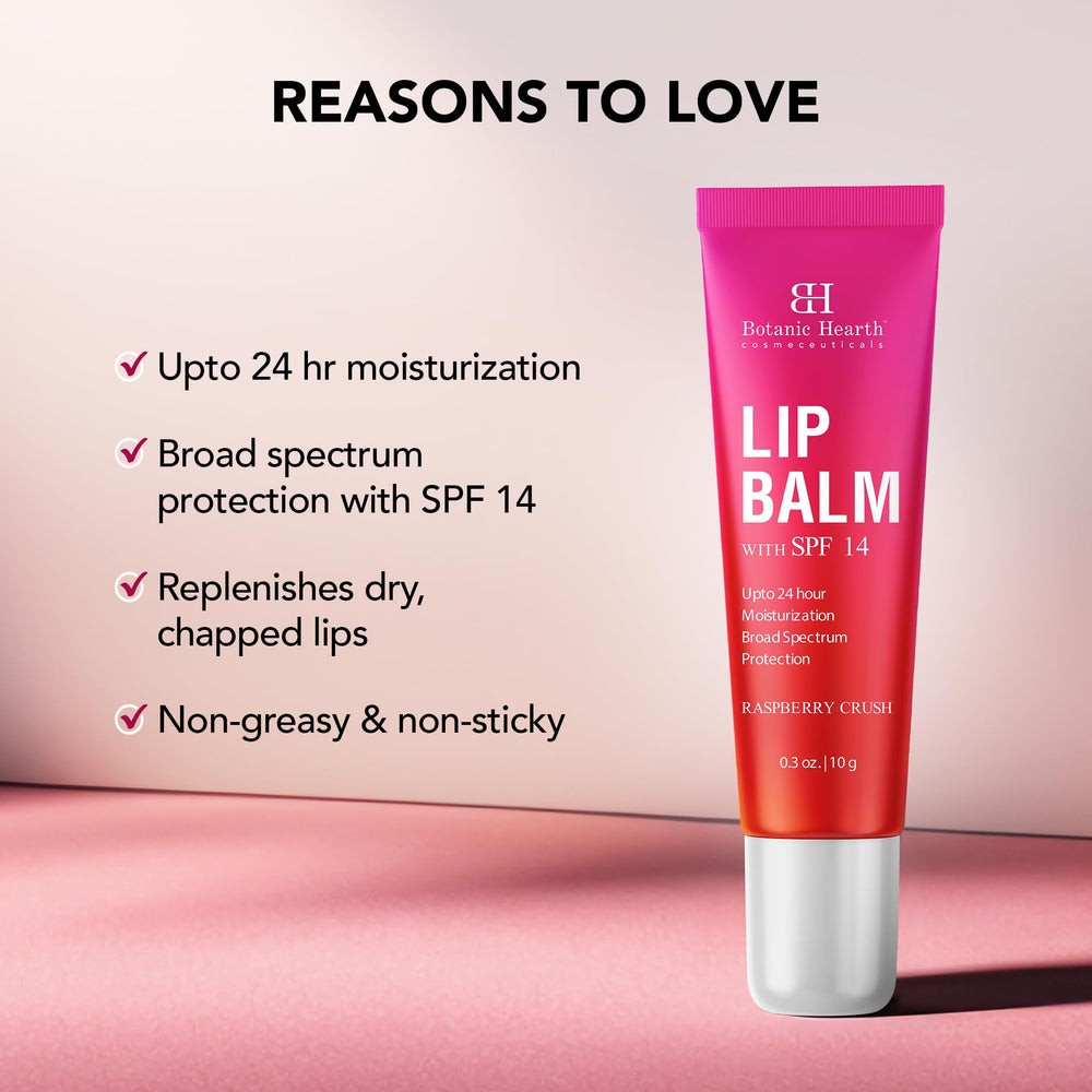Botanic Hearth Raspberry Lip Balm ingredients featuring jojoba oil and vitamin E.