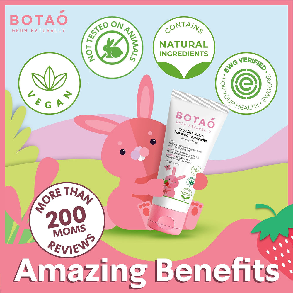 Strawberry flavor BOTAO toothpaste packaging and 1.7 oz tube