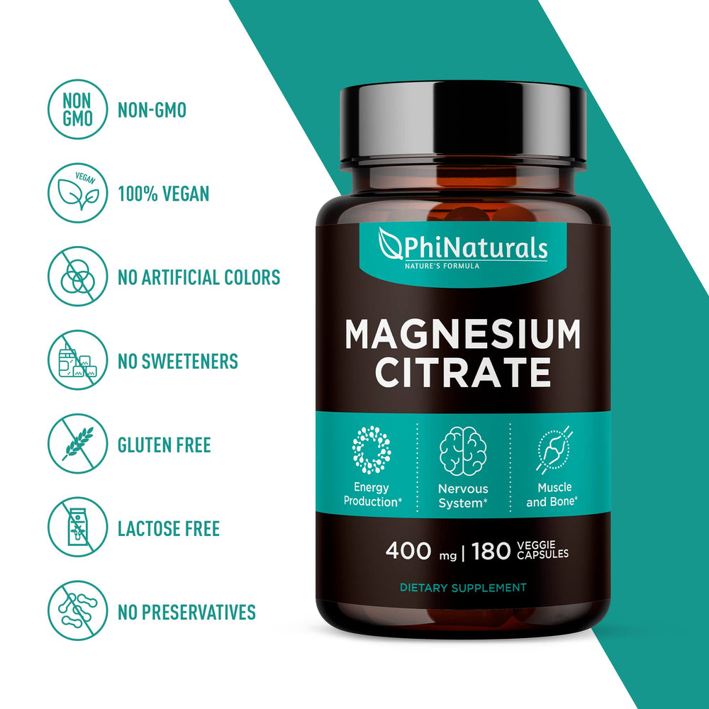Open bottle with magnesium citrate 400 mg capsules