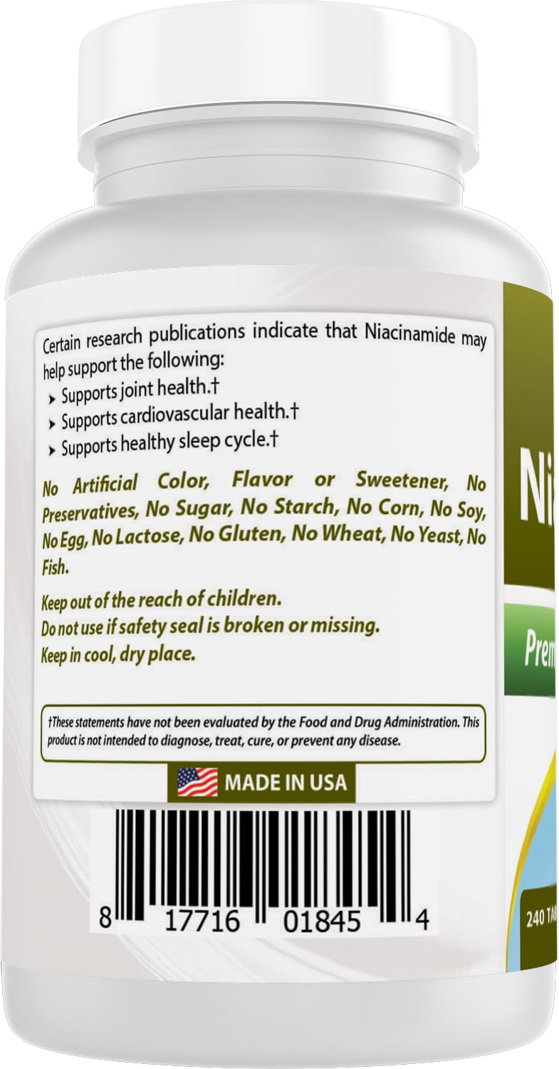 Bottle close-up of Niacinamide 500mg 240 tablets