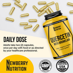Side view of Quercetin with Bromelain bottle showing dosage information