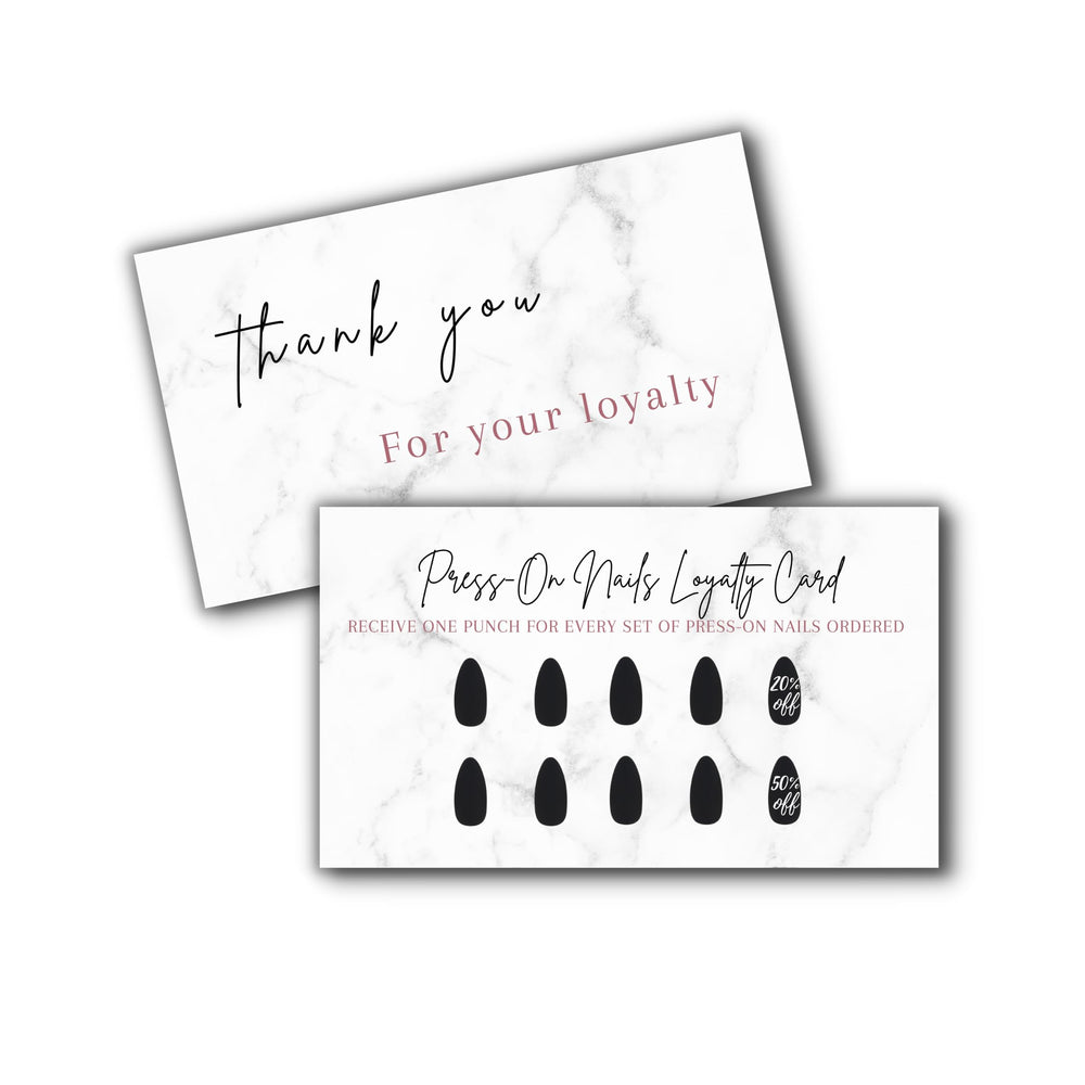 Boutique Marketing LLC press-on nail loyalty card in marble black design reinforces branding and rewards repeat clients
