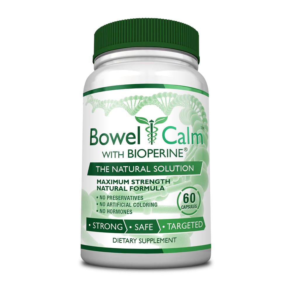 Bowel Calm bottle front showing Ginger, Turmeric, Boswellia and Bioperine