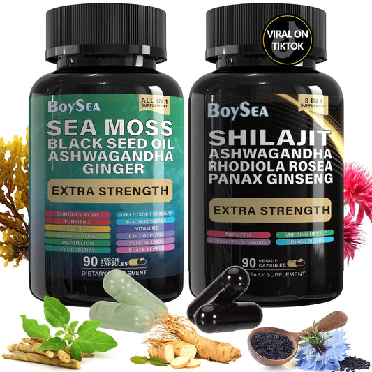 Front view of Boysea Shilajit & Sea Moss Bundle packaging