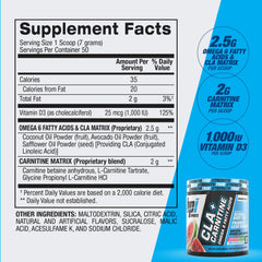 Measuring scoop with CLA+Carnitine powder beside container