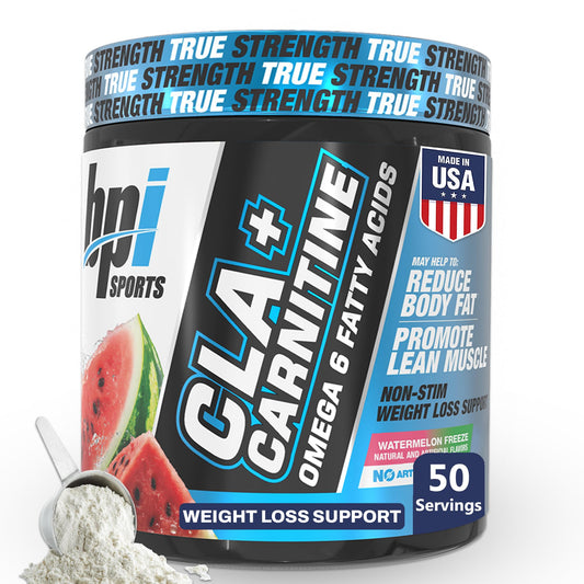 Bottle and packaging of BPI Sports CLA+Carnitine Watermelon Freeze