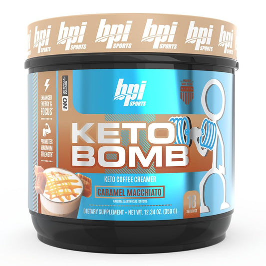Packaging for BPI Keto Bomb Coffee Creamer in Caramel Macchiato flavor