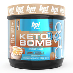 Packaging for BPI Keto Bomb Coffee Creamer in Caramel Macchiato flavor