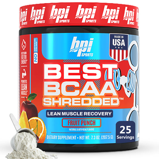 Front label of BPI Sports Best BCAA Shredded tub showing Fruit Punch flavor