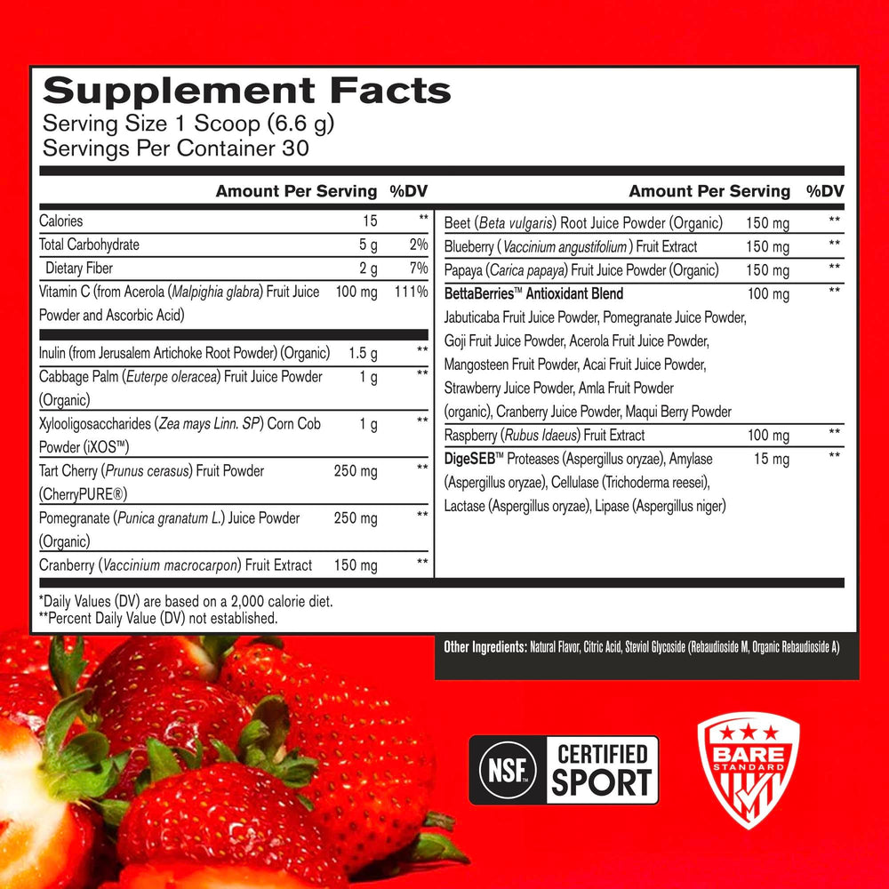 Close-up of ingredients highlighting antioxidants and fruit extracts
