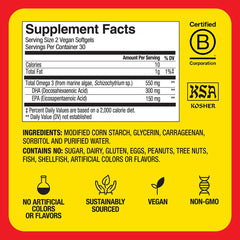 Close-up of Bragg Omega-3 vegan softgels capsules in bottle